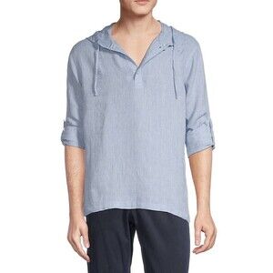 Saks Fifth Avenue 100% Linen Henley Hoodie Men Sz S Long Sleeves Shirt